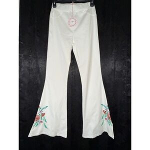Umgee USA Womens White Floral Embroidered Flare Leg Pants Boho Retro R0131 Small